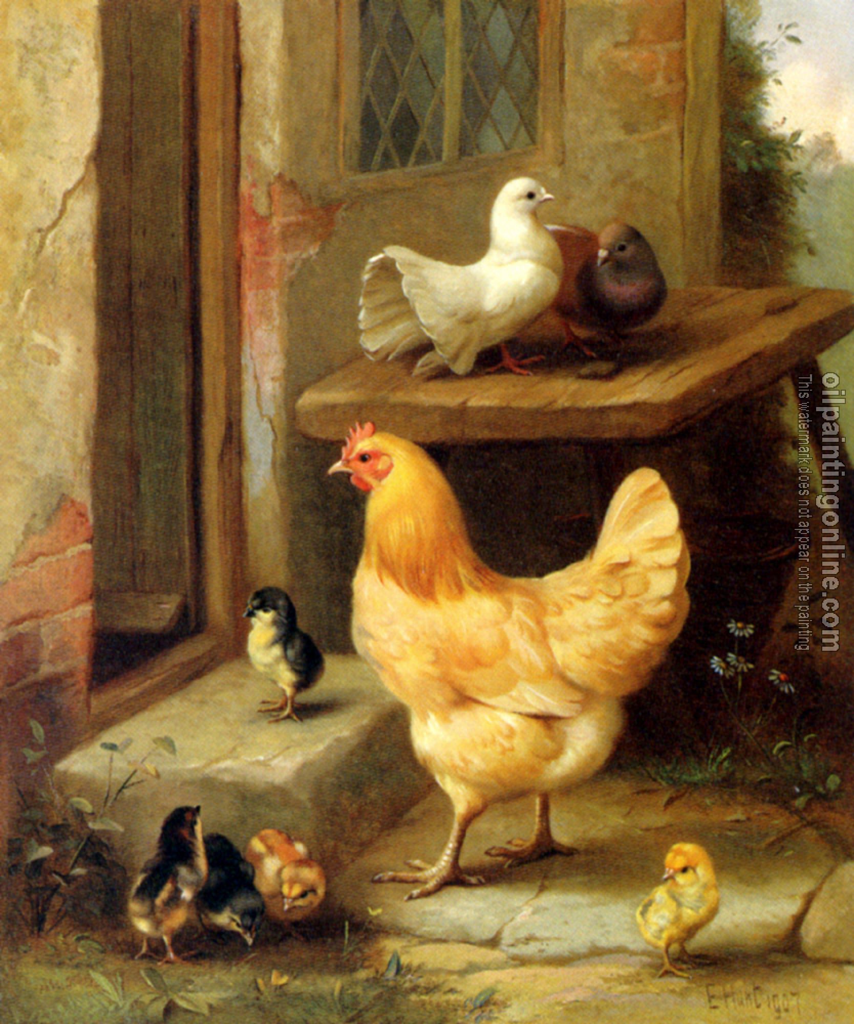 Edgar Hunt - A Hen Chicks And Pigeons